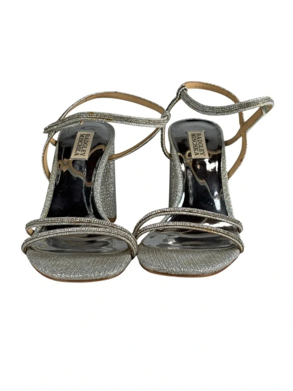 BADGLEY MISCHKA FIREY RHINESTONE SILVER BLOCK HEEL OPEN TOE HEELS - Picture 10 of 16